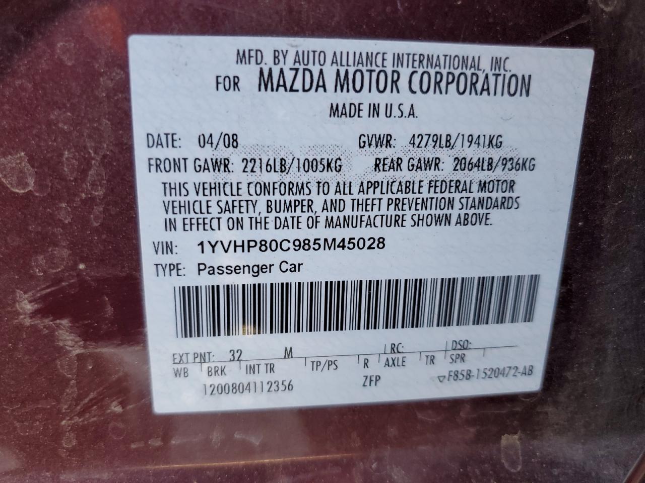 1YVHP80C985M45028 2008 Mazda 6 I