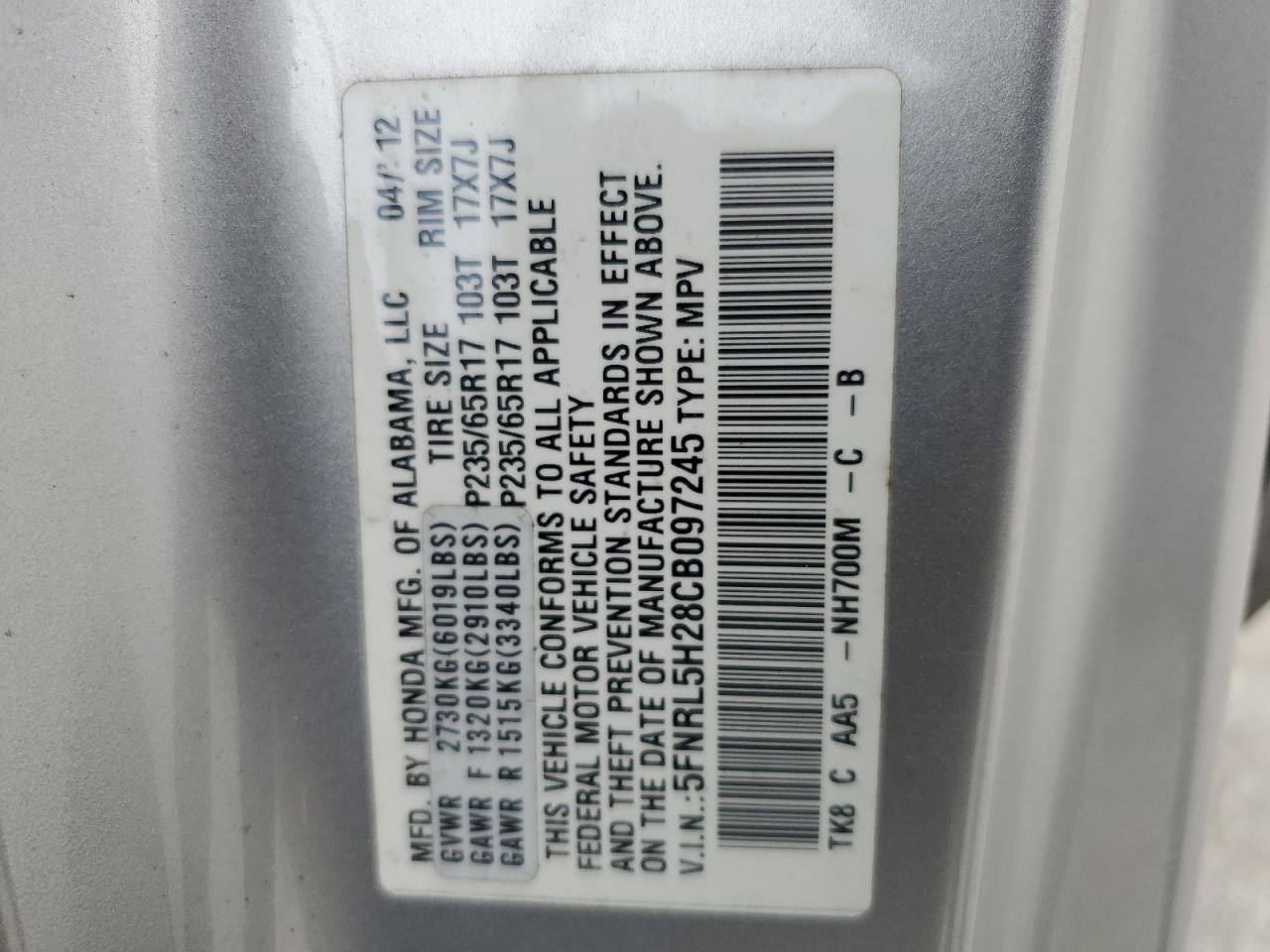 5FNRL5H28CB097245 2012 Honda Odyssey Lx