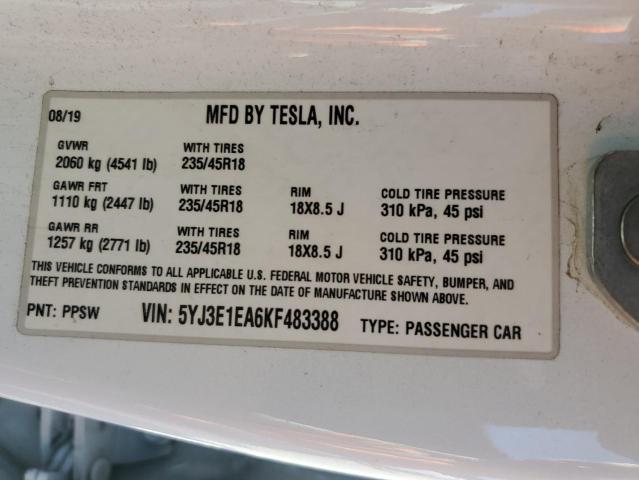 2019 Tesla Model 3 VIN: 5YJ3E1EA6KF483388 Lot: 50621974