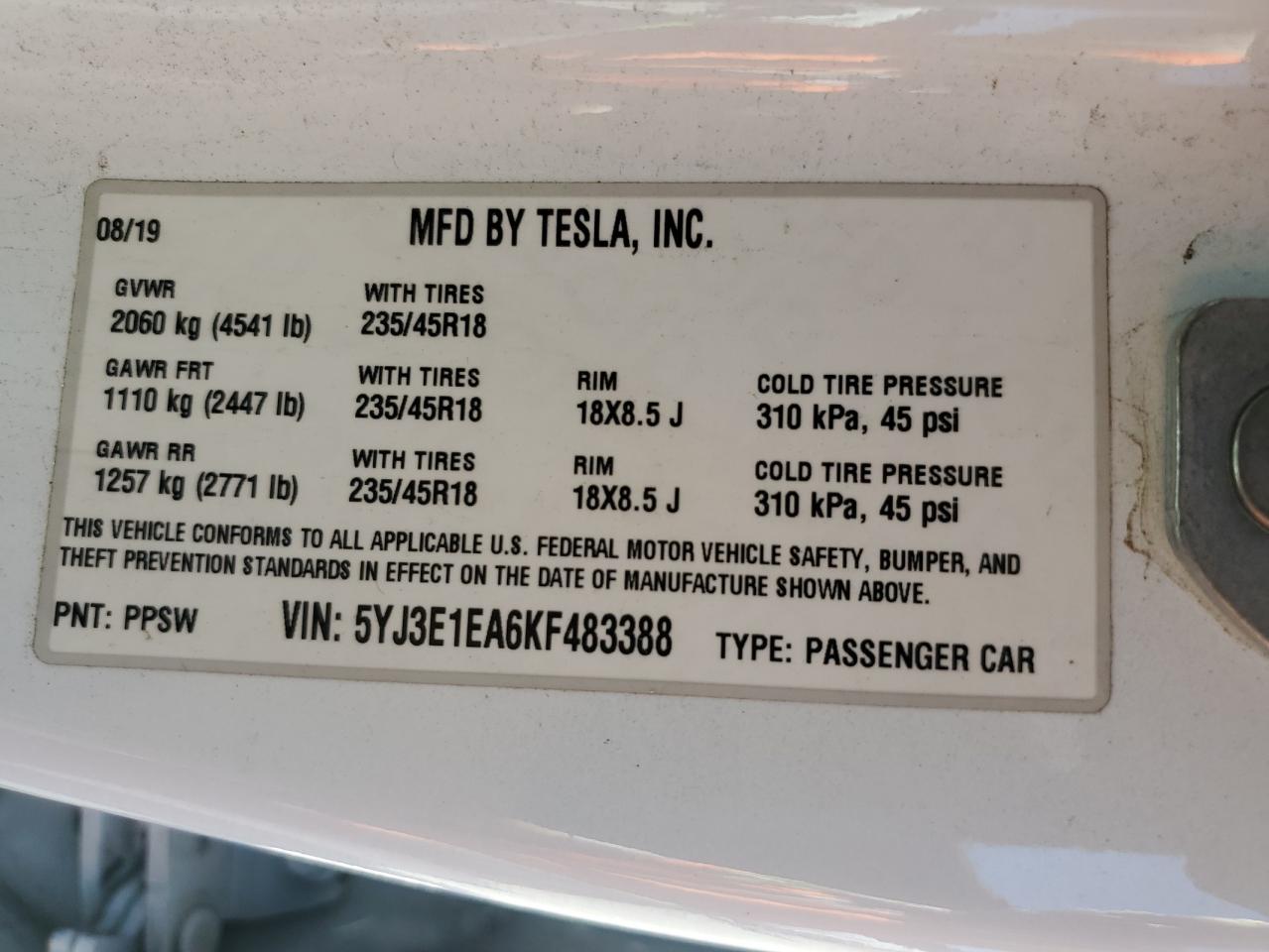 5YJ3E1EA6KF483388 2019 Tesla Model 3