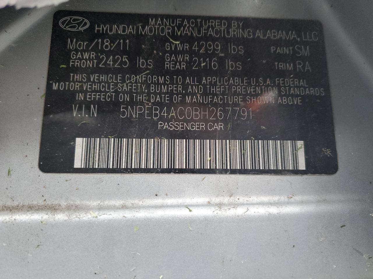 5NPEB4AC0BH267791 2011 Hyundai Sonata Gls