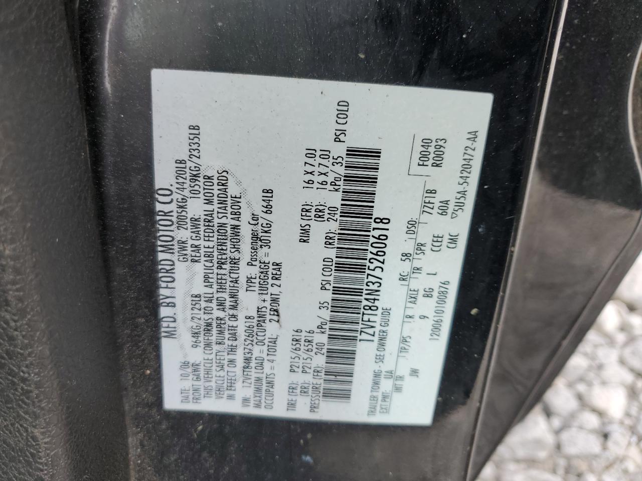 1ZVFT84N375260618 2007 Ford Mustang