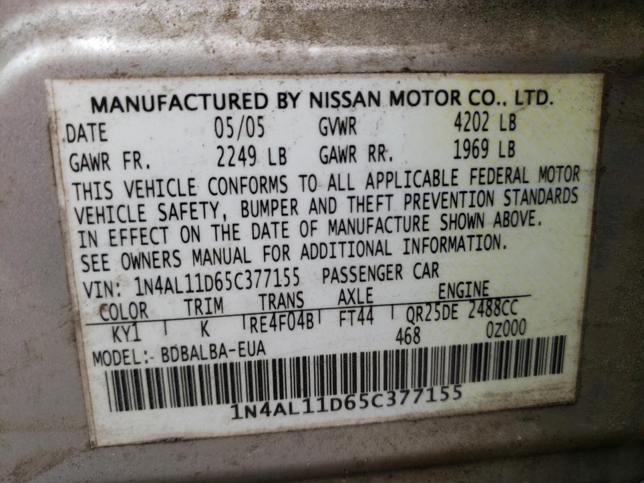 1N4AL11D65C377155 2005 Nissan Altima S