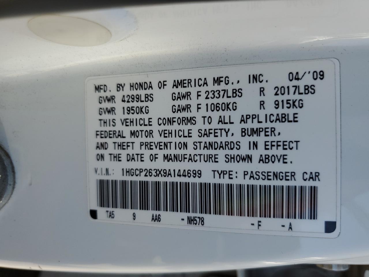 1HGCP263X9A144699 2009 Honda Accord Lx