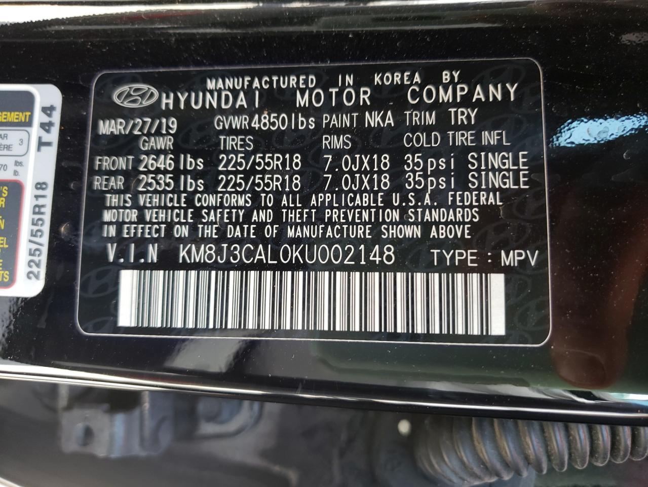 KM8J3CAL0KU002148 2019 Hyundai Tucson Limited