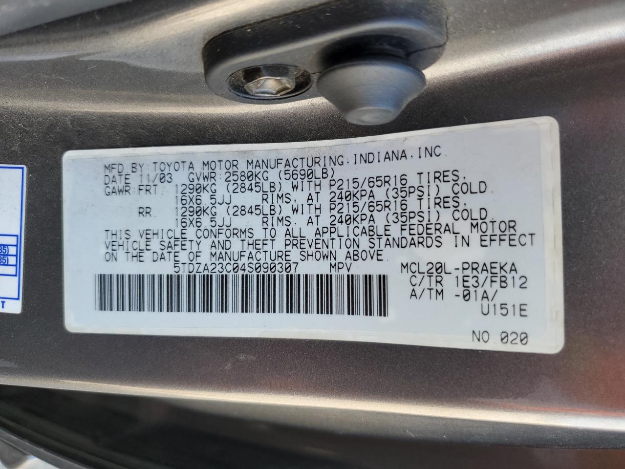 5TDZA23C04S090307 2004 Toyota Sienna Ce