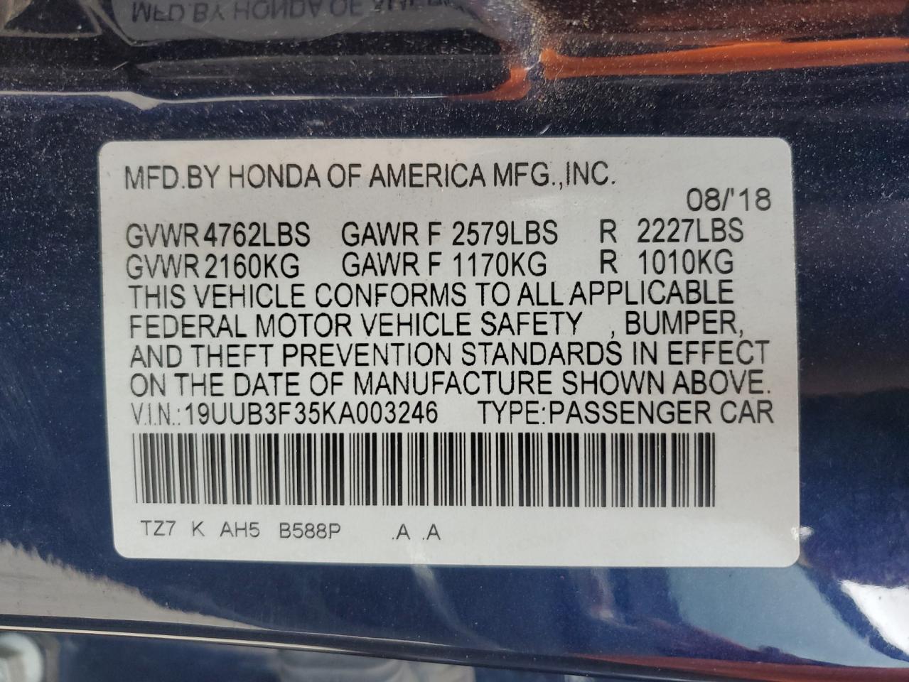 19UUB3F35KA003246 2019 Acura Tlx