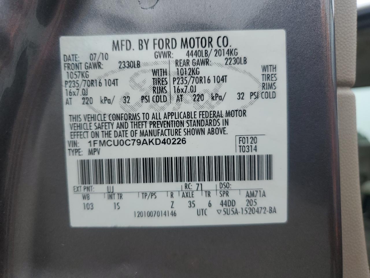 1FMCU0C79AKD40226 2010 Ford Escape Xls