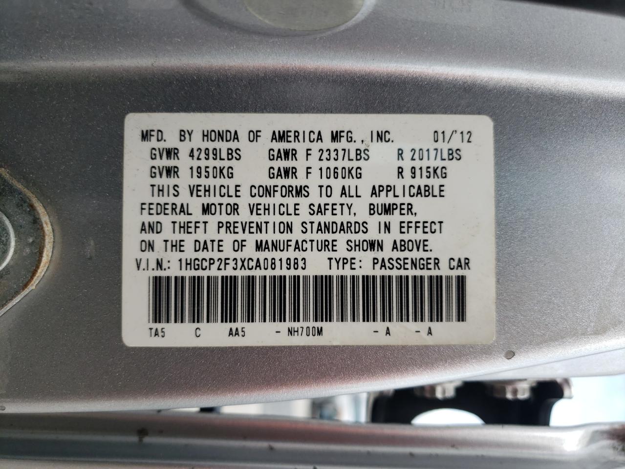 1HGCP2F3XCA081983 2012 Honda Accord Lx