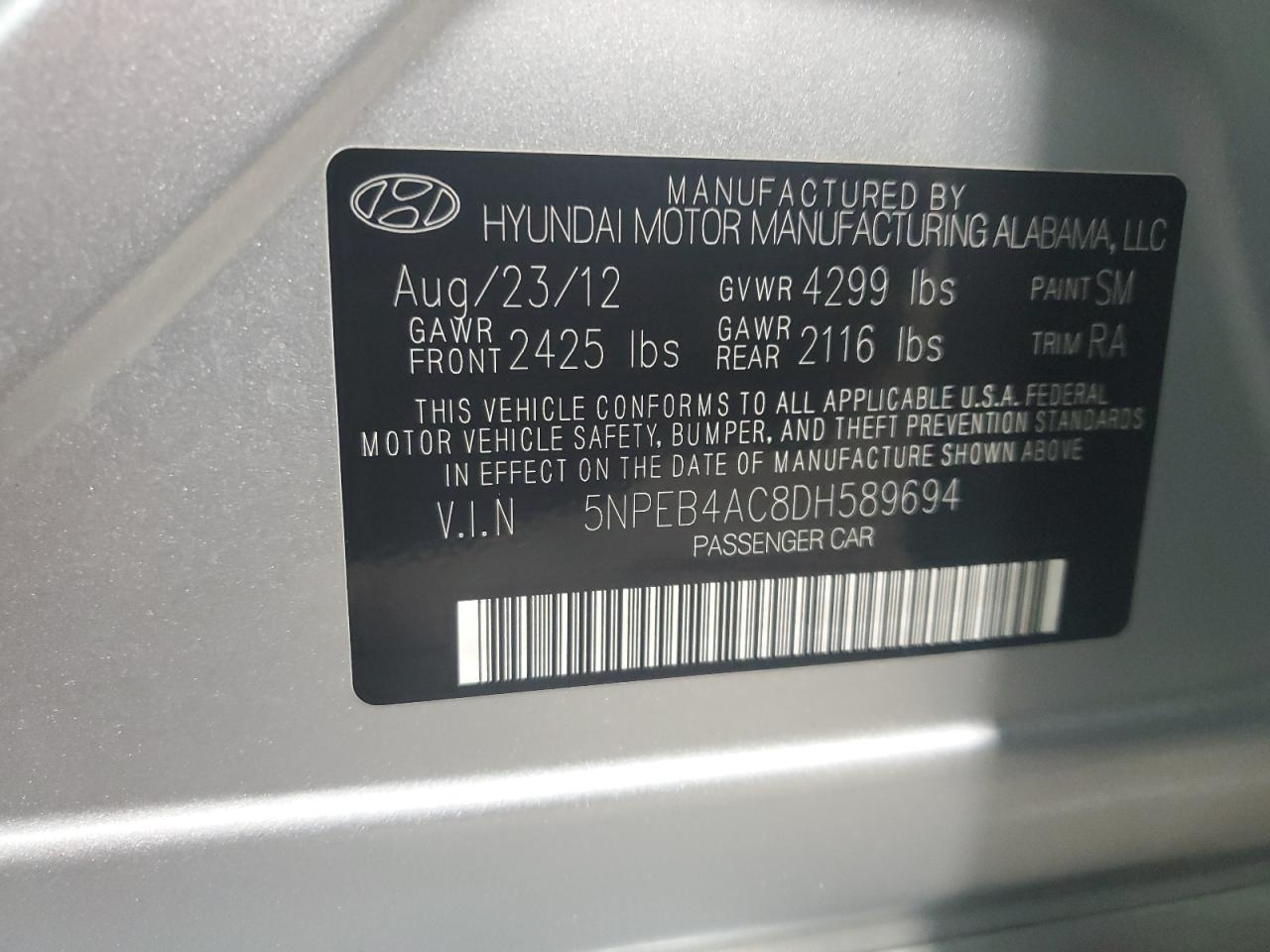 5NPEB4AC8DH589694 2013 Hyundai Sonata Gls