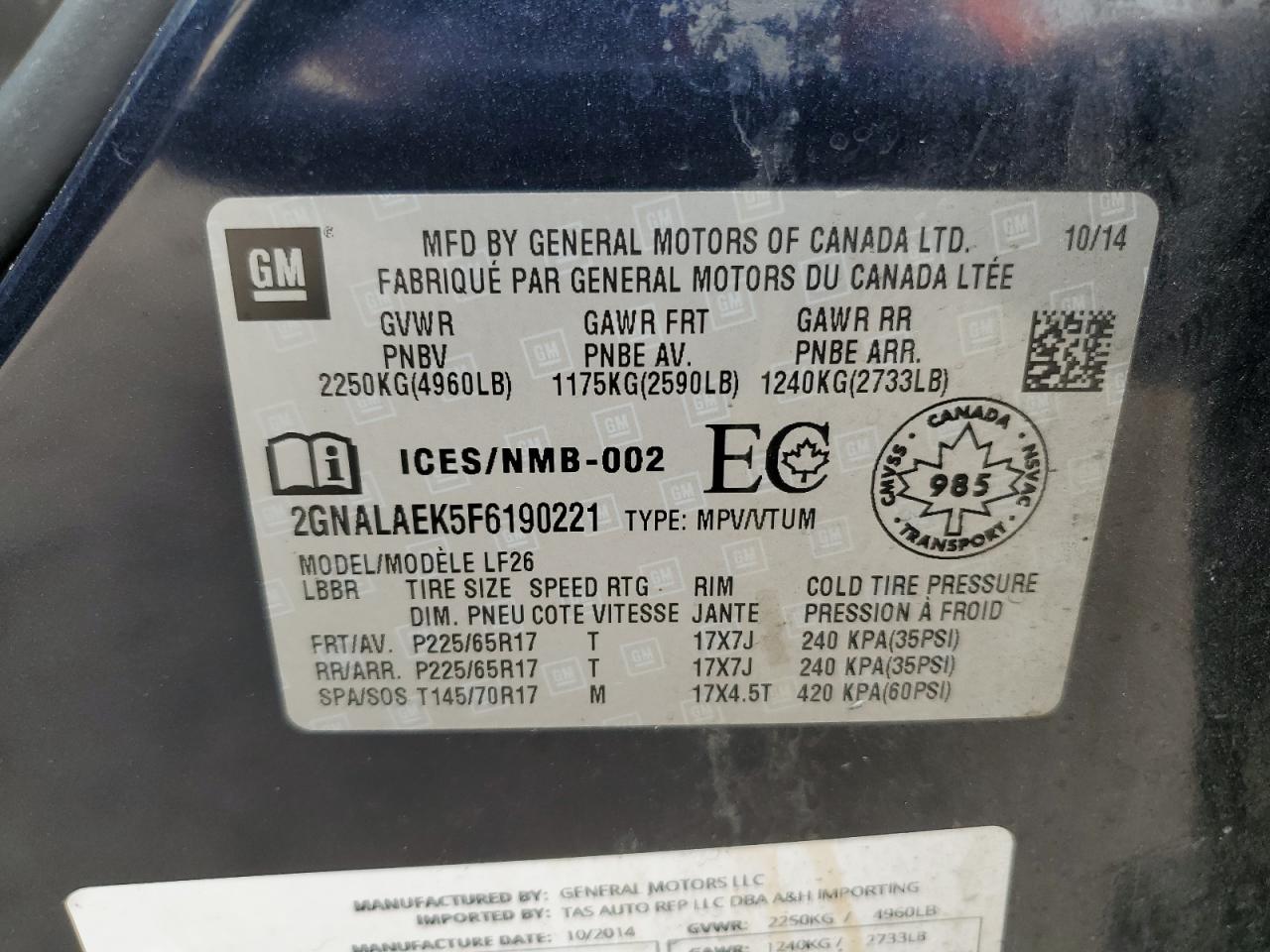 2GNALAEK5F6190221 2015 Chevrolet Equinox Ls