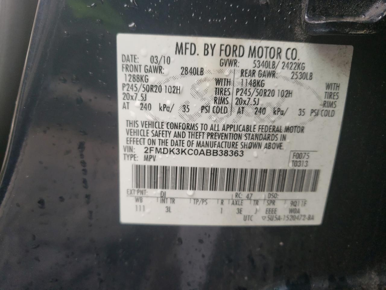 Lot #2669502429 2010 FORD EDGE LIMIT