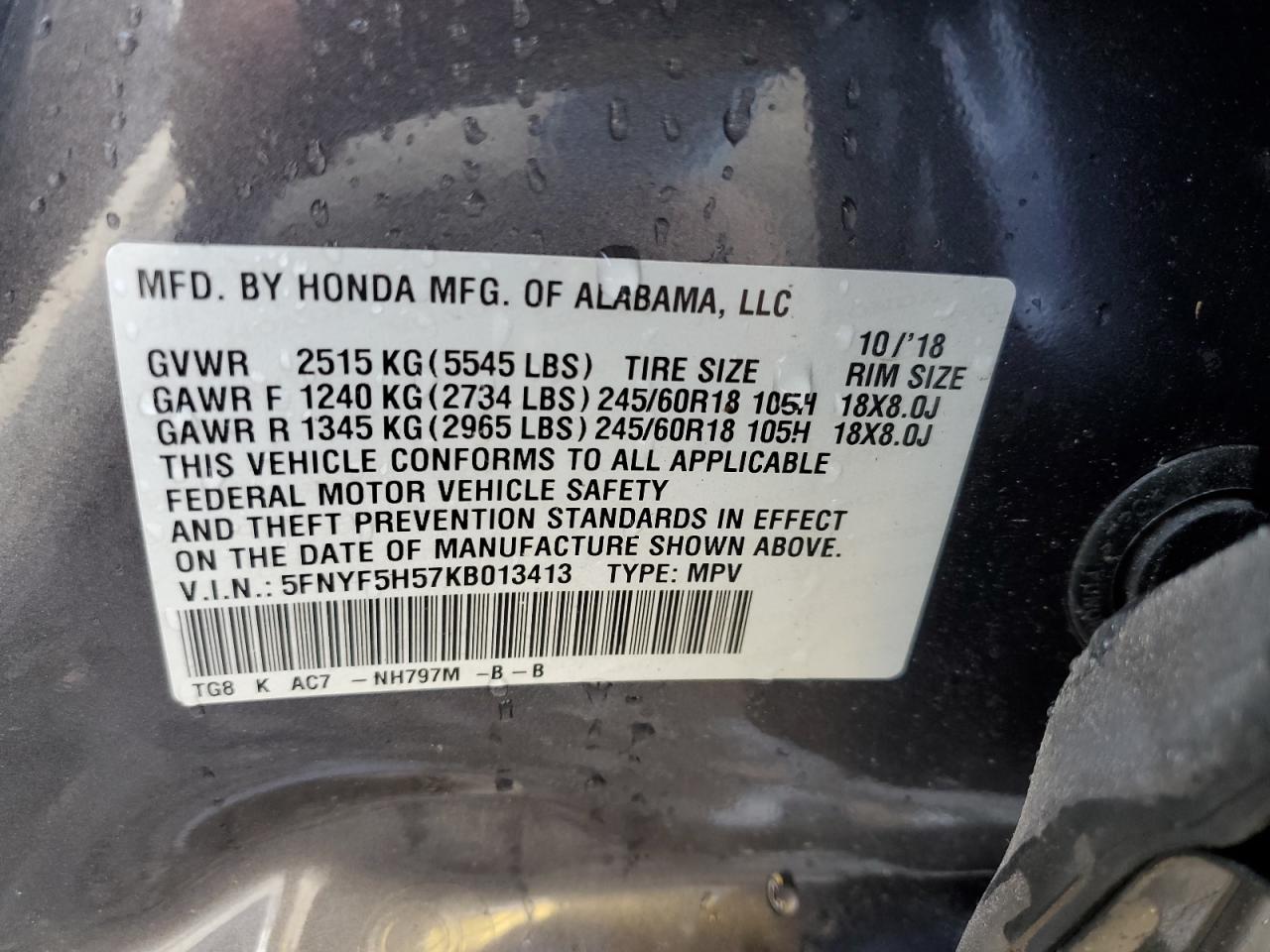 5FNYF5H57KB013413 2019 Honda Pilot Exl