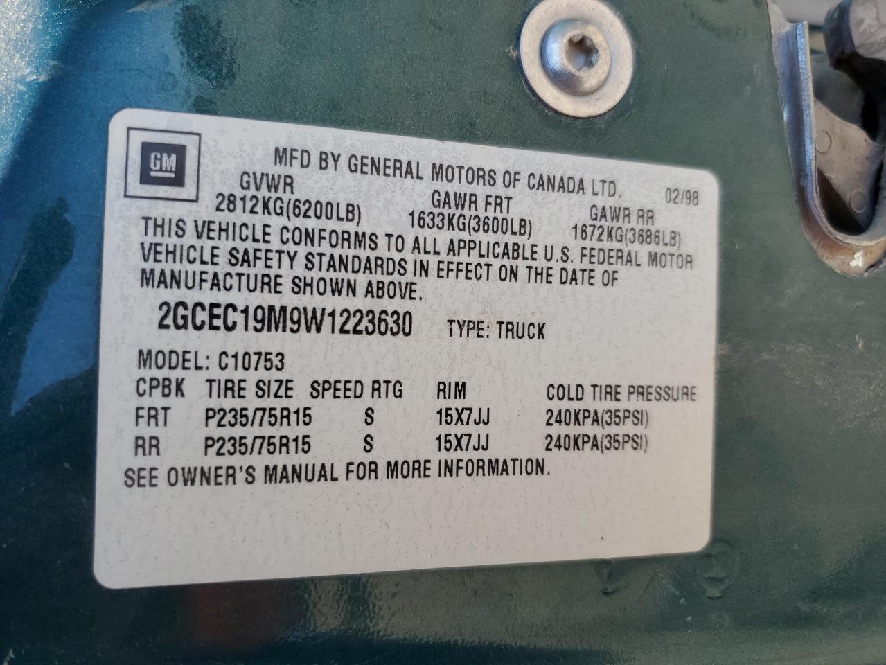 2GCEC19M9W1223630 1998 Chevrolet Gmt-400 C1500