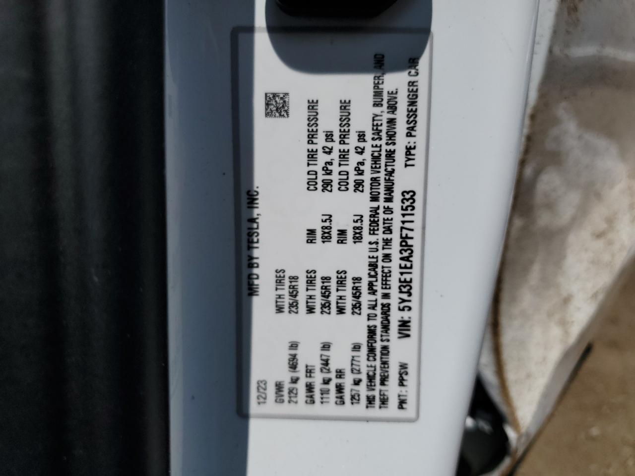 5YJ3E1EA3PF711533 2023 Tesla Model 3