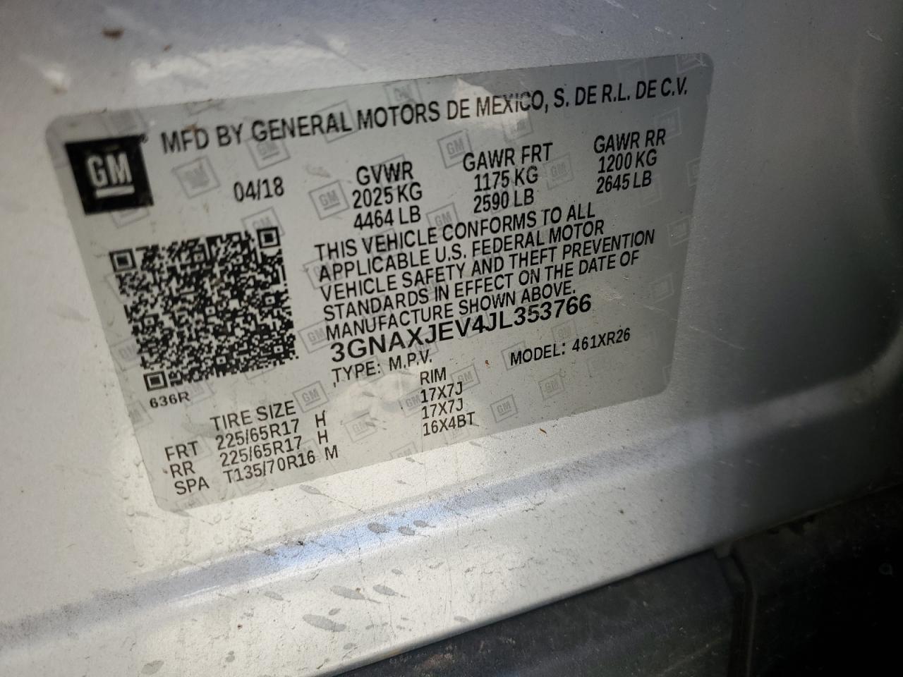 3GNAXJEV4JL353766 2018 Chevrolet Equinox Lt