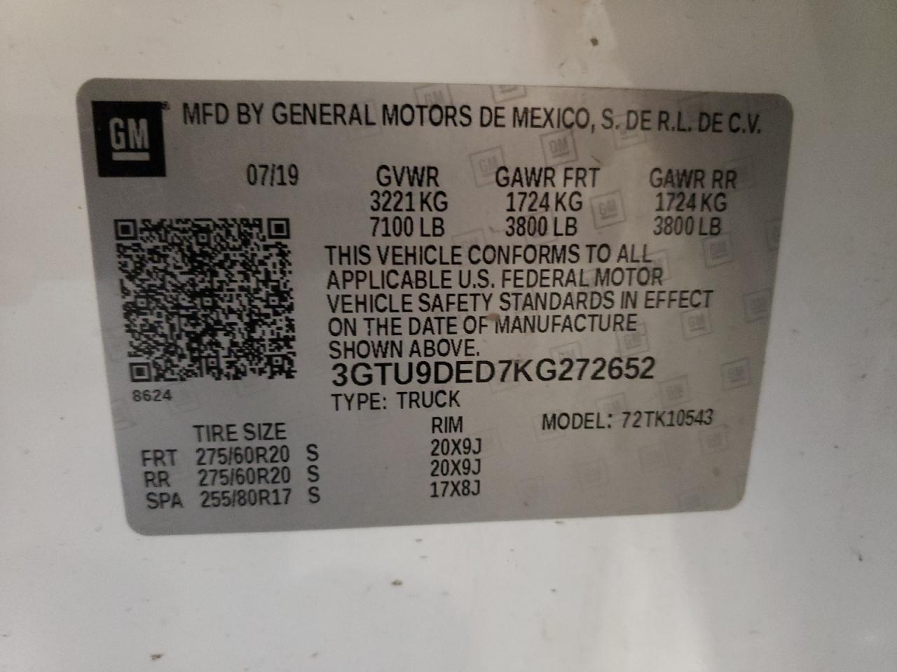 3GTU9DED7KG272652 2019 GMC Sierra K1500 Slt