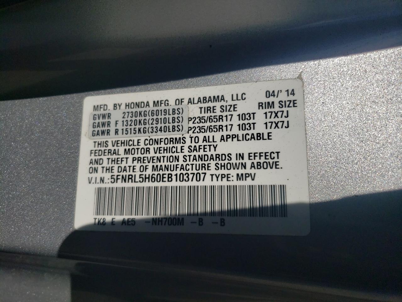 5FNRL5H60EB103707 2014 Honda Odyssey Exl