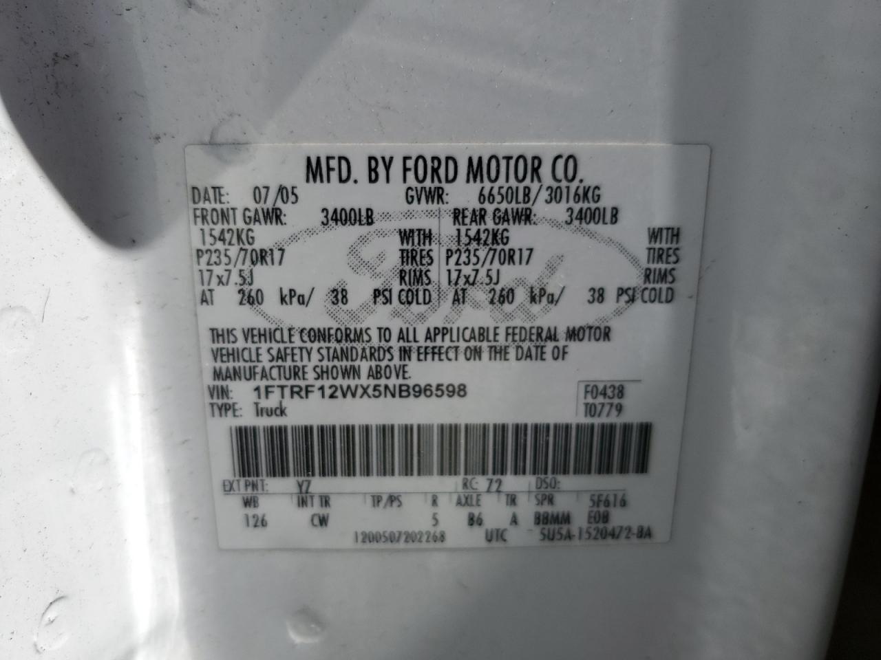 1FTRF12WX5NB96598 2005 Ford F150