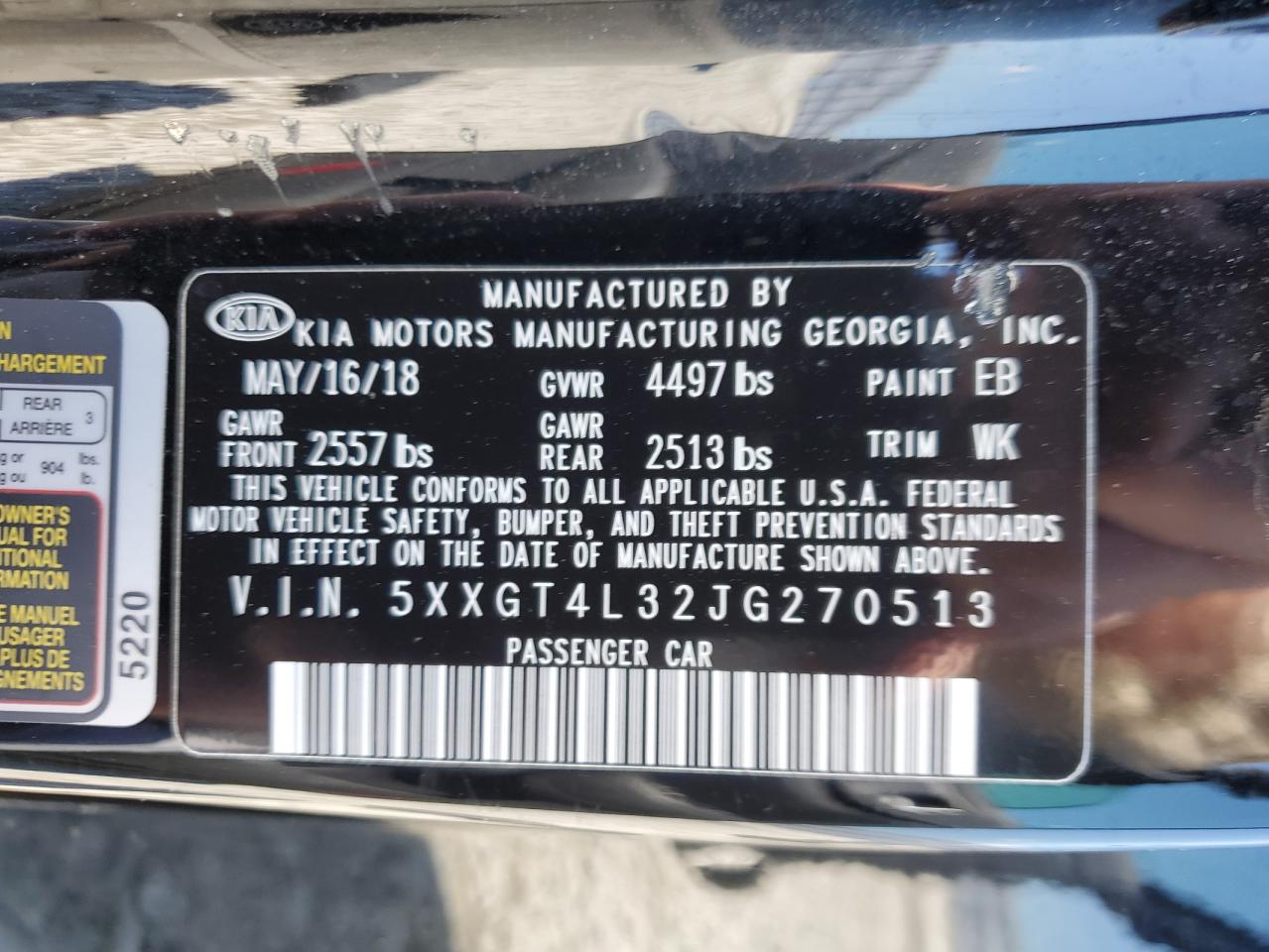 5XXGT4L32JG270513 2018 Kia Optima Lx