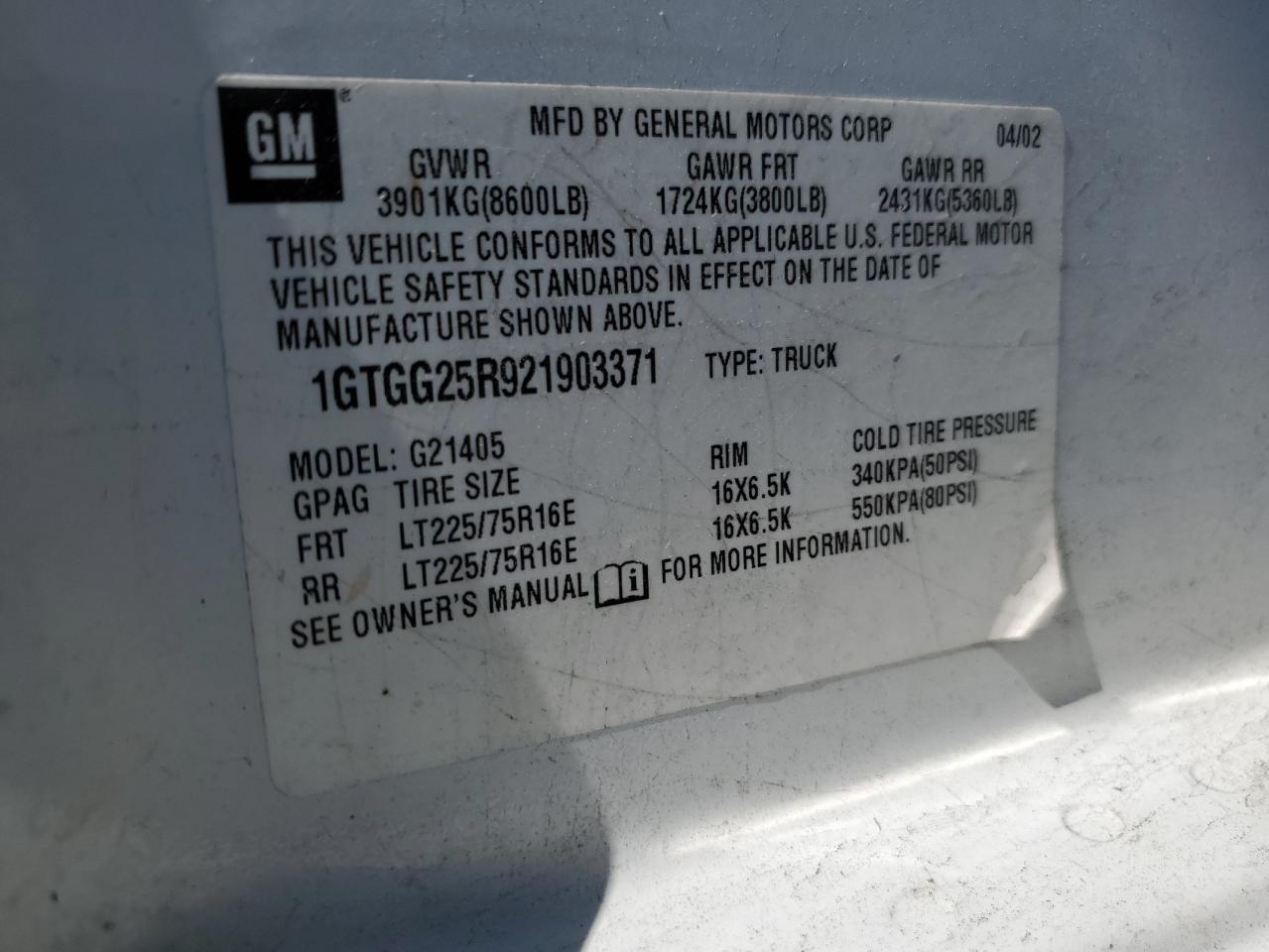 1GTGG25R921903371 2002 GMC Savana G2500