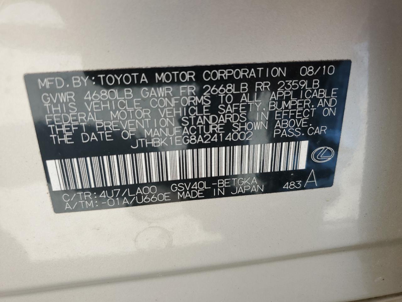 JTHBK1EG8A2414002 2010 Lexus Es 350