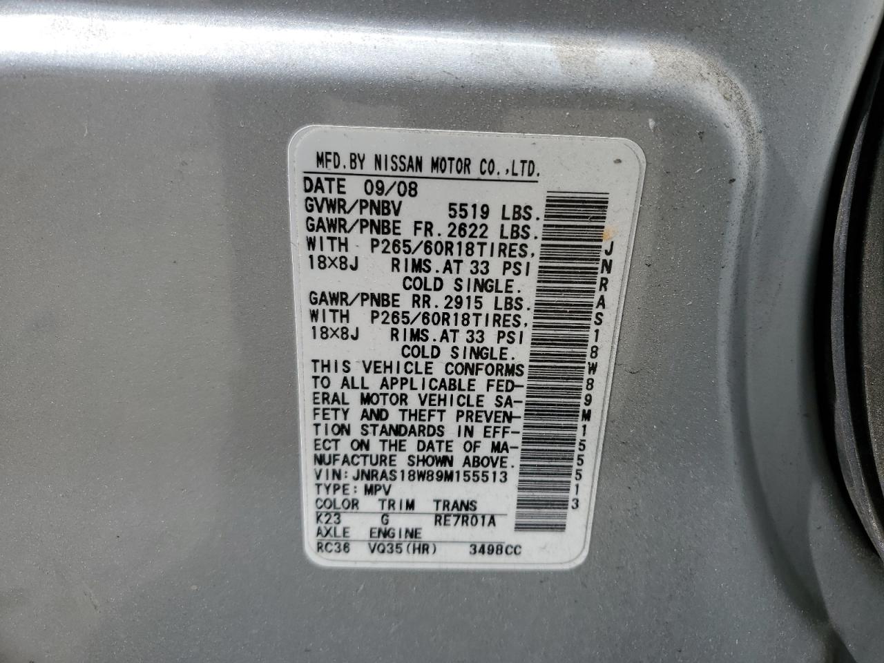 JNRAS18W89M155513 2009 Infiniti Fx35