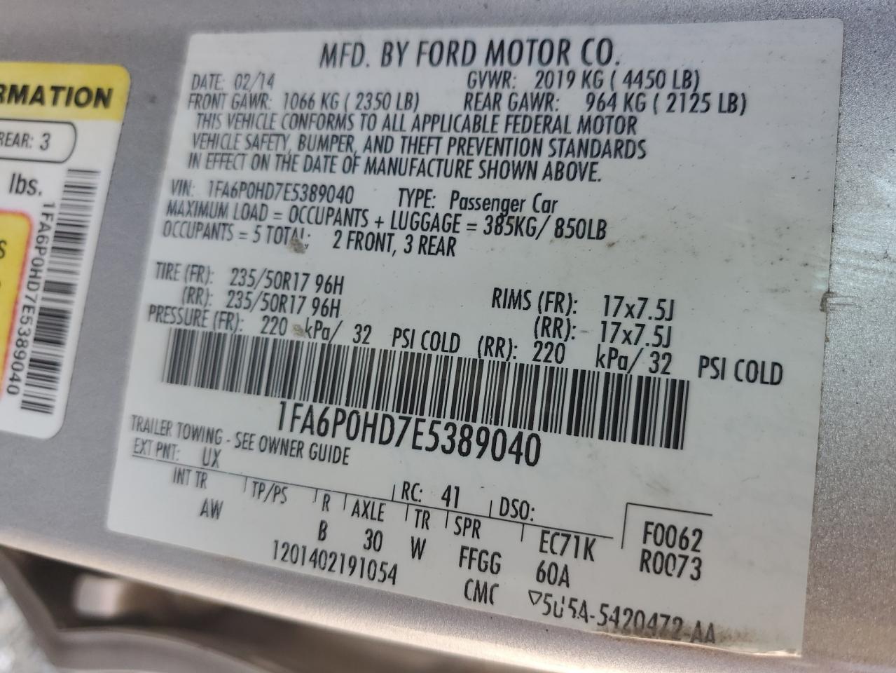 1FA6P0HD7E5389040 2014 Ford Fusion Se