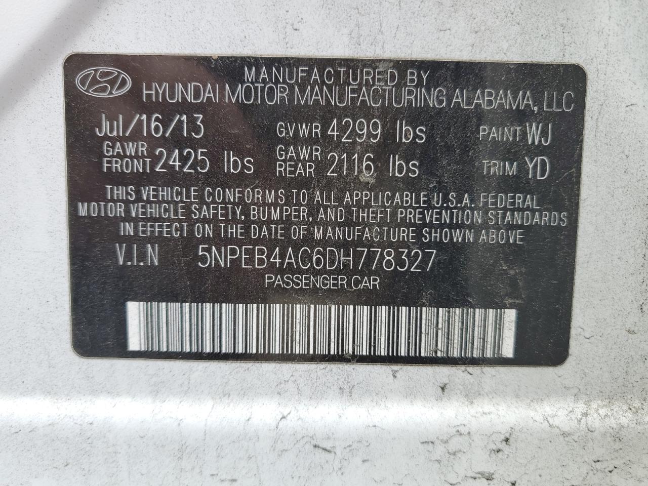 5NPEB4AC6DH778327 2013 Hyundai Sonata Gls