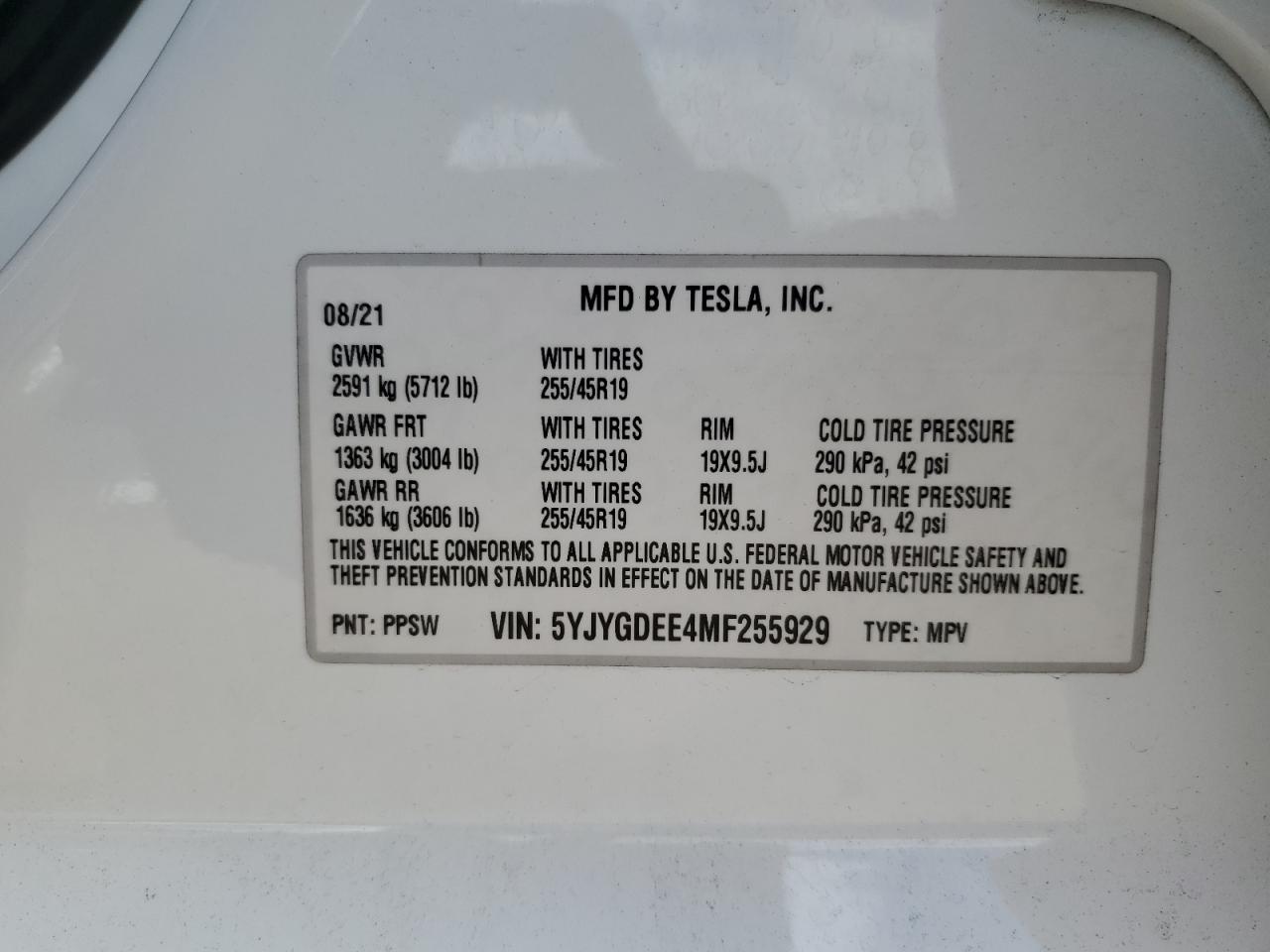 5YJYGDEE4MF255929 2021 Tesla Model Y