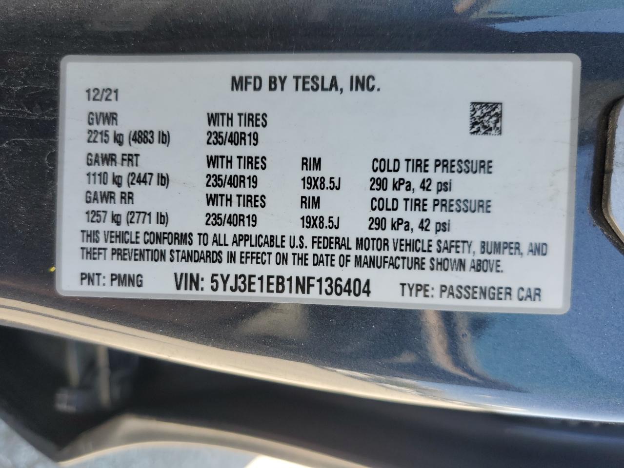 5YJ3E1EB1NF136404 2022 Tesla Model 3