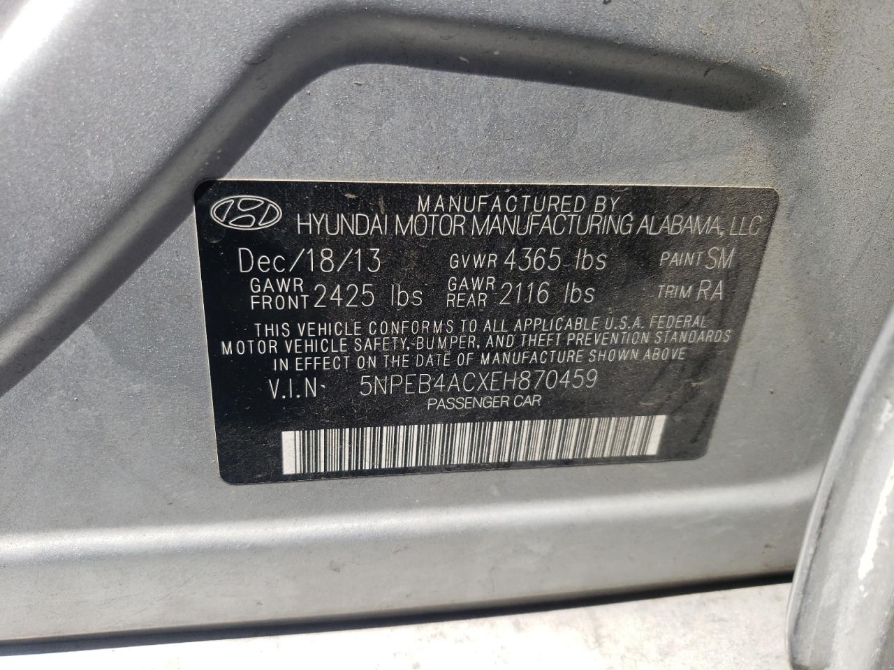 5NPEB4ACXEH870459 2014 Hyundai Sonata Gls