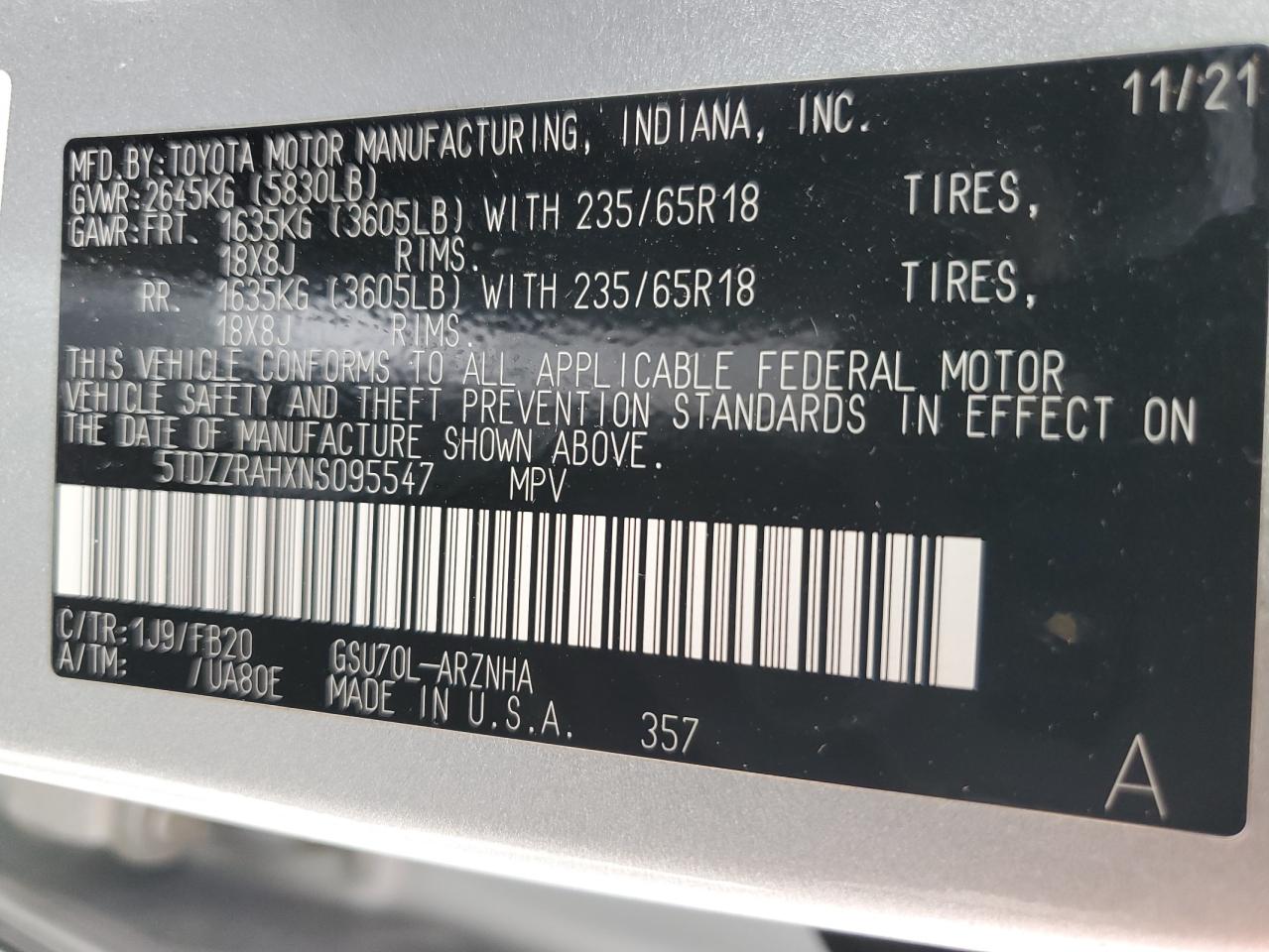 5TDZZRAHXNS095547 2022 Toyota Highlander L