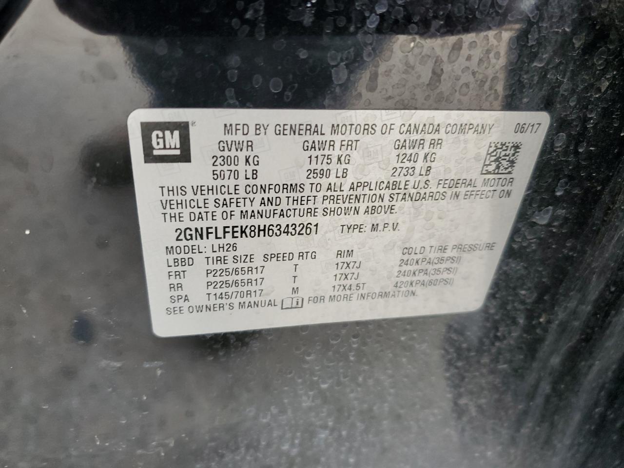 2GNFLFEK8H6343261 2017 Chevrolet Equinox Lt