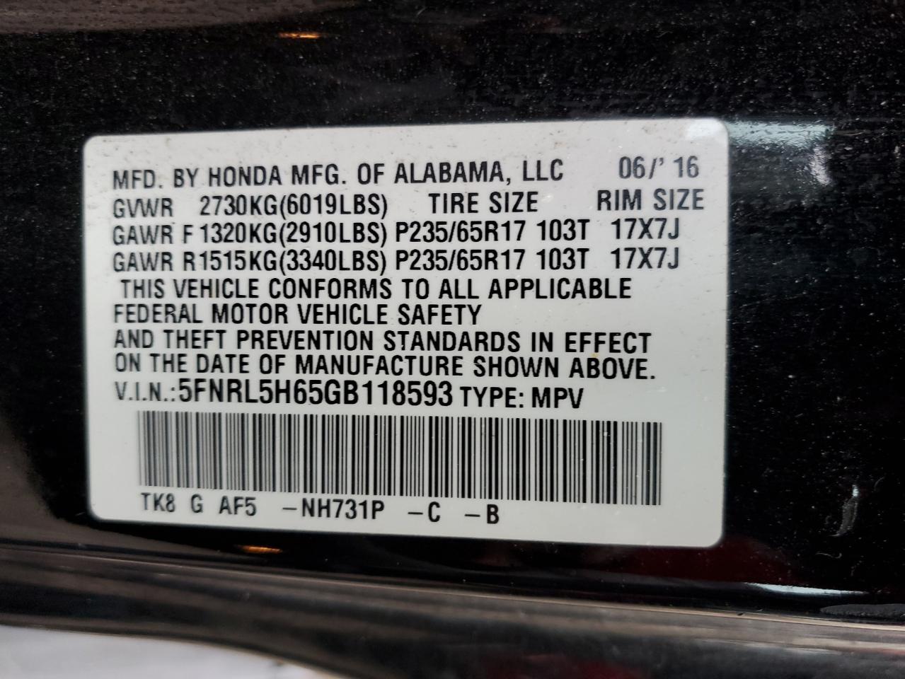 5FNRL5H65GB118593 2016 Honda Odyssey Exl