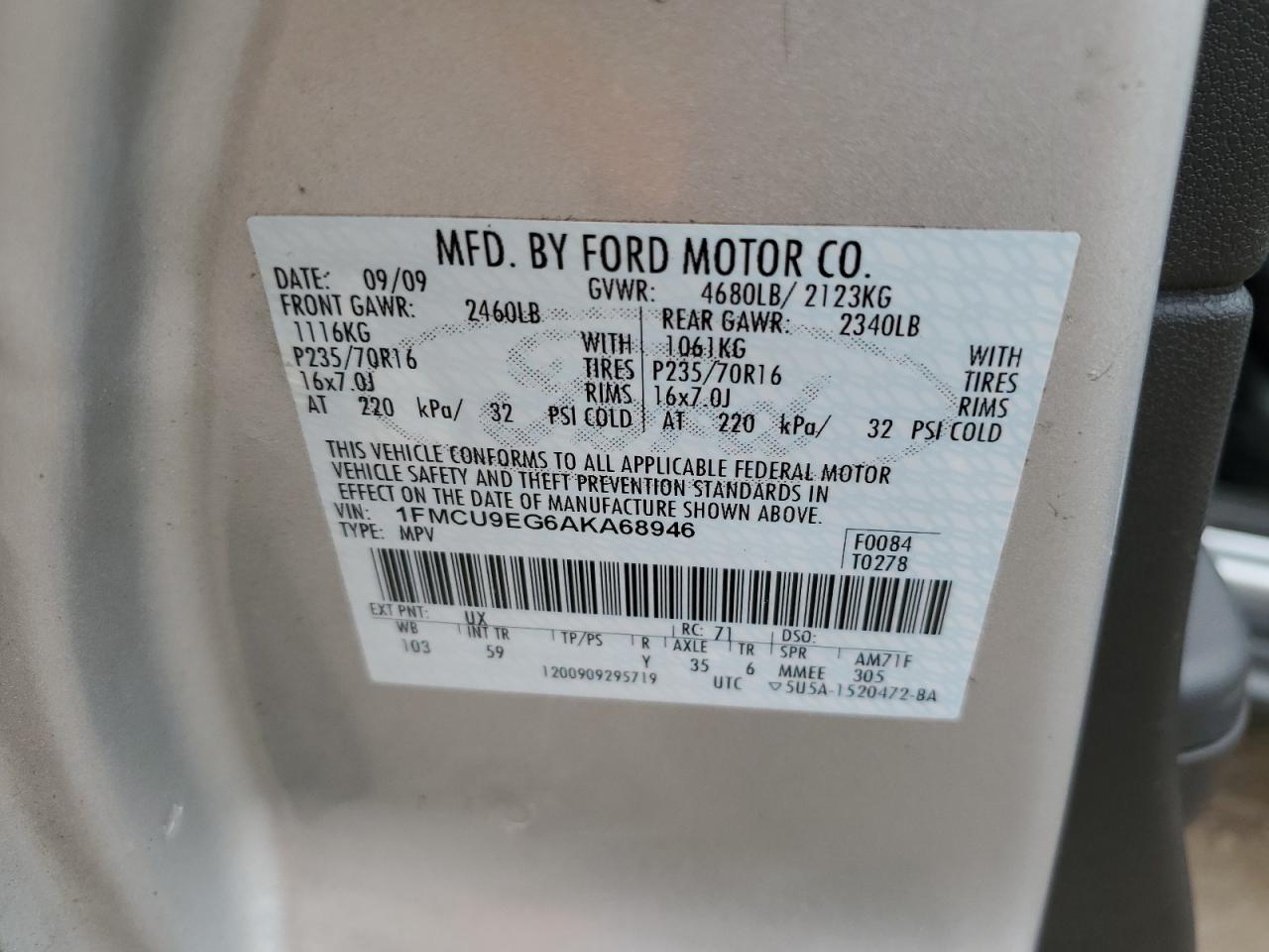 1FMCU9EG6AKA68946 2010 Ford Escape Limited