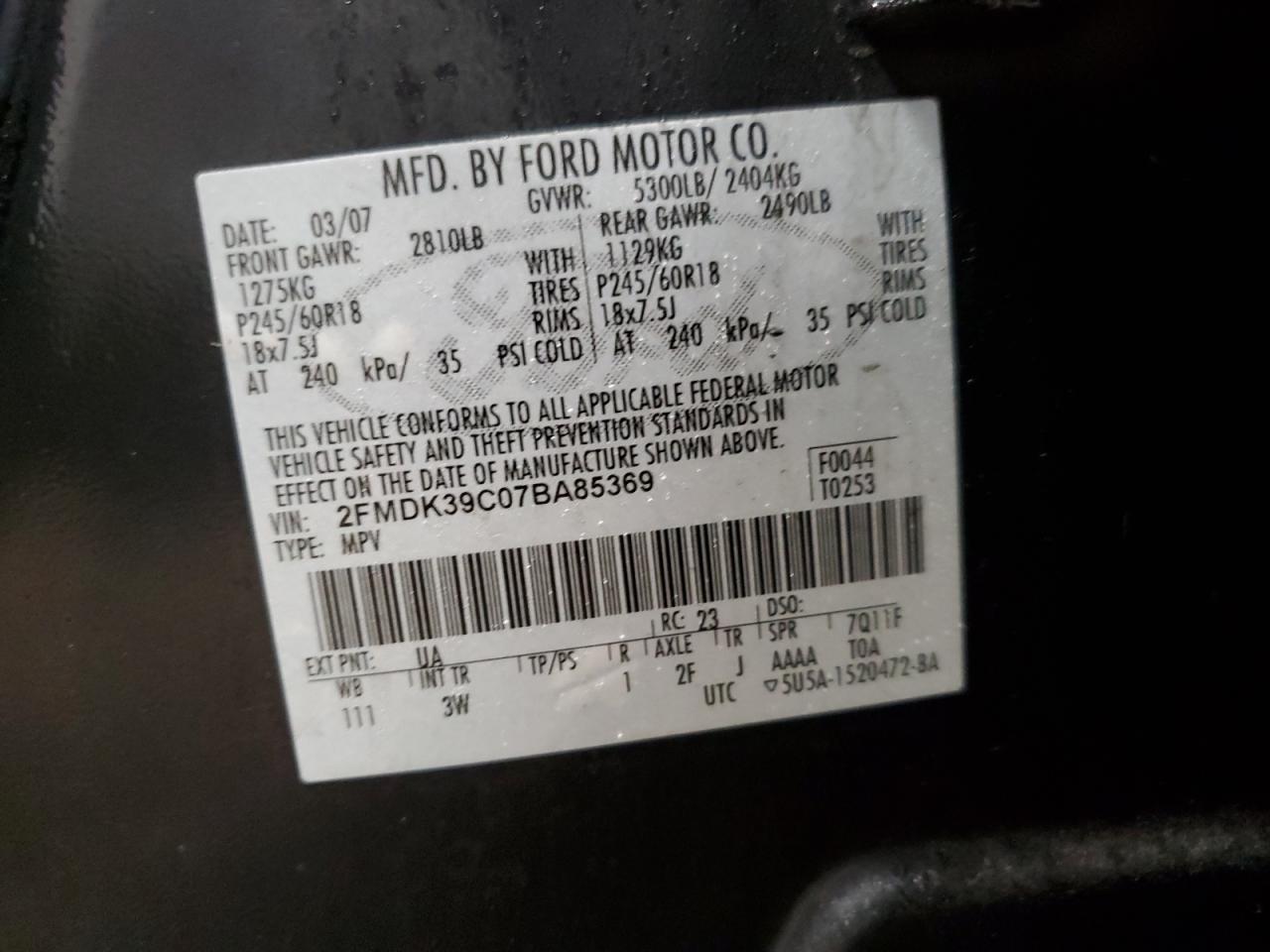 2FMDK39C07BA85369 2007 Ford Edge Sel Plus