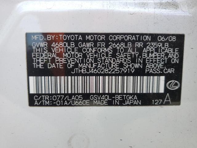 2008 Lexus Es 350 VIN: JTHBJ46G282257919 Lot: 52415794