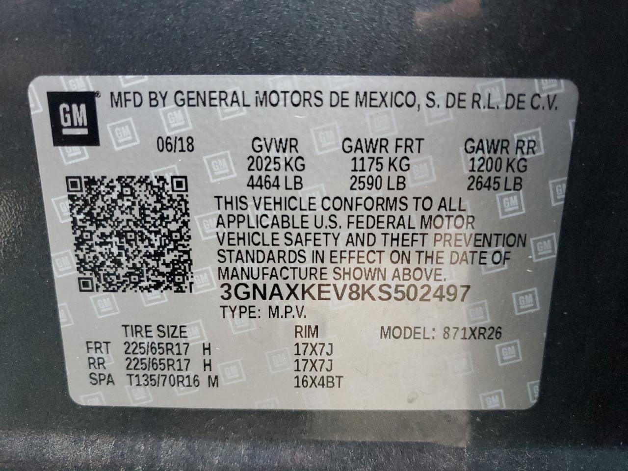 3GNAXKEV8KS502497 2019 Chevrolet Equinox Lt