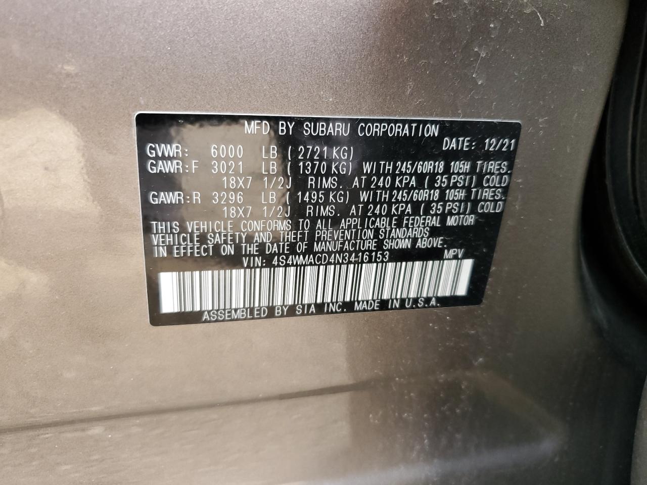 4S4WMACD4N3416153 2022 Subaru Ascent Premium