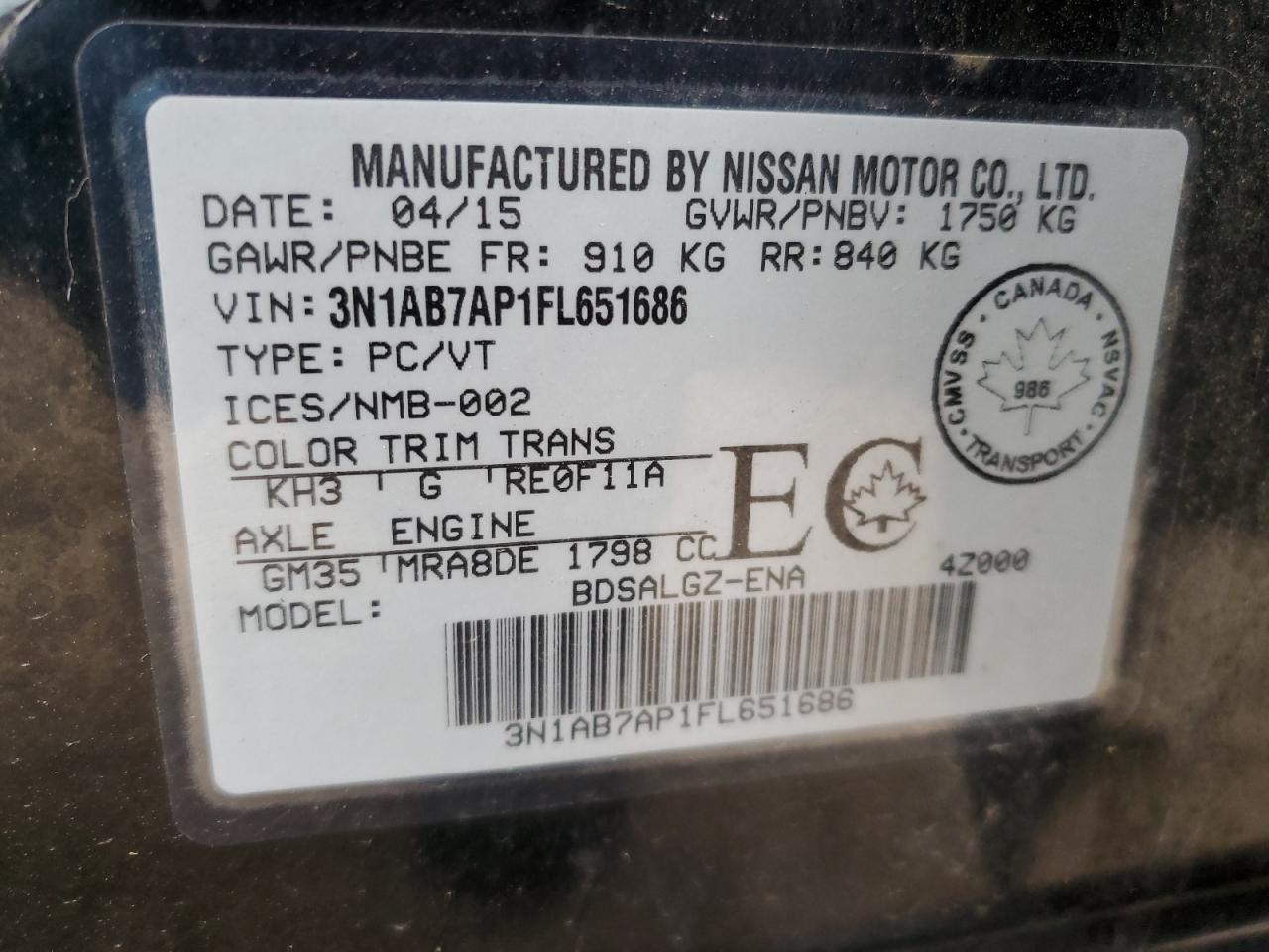 3N1AB7AP1FL651686 2015 Nissan Sentra S