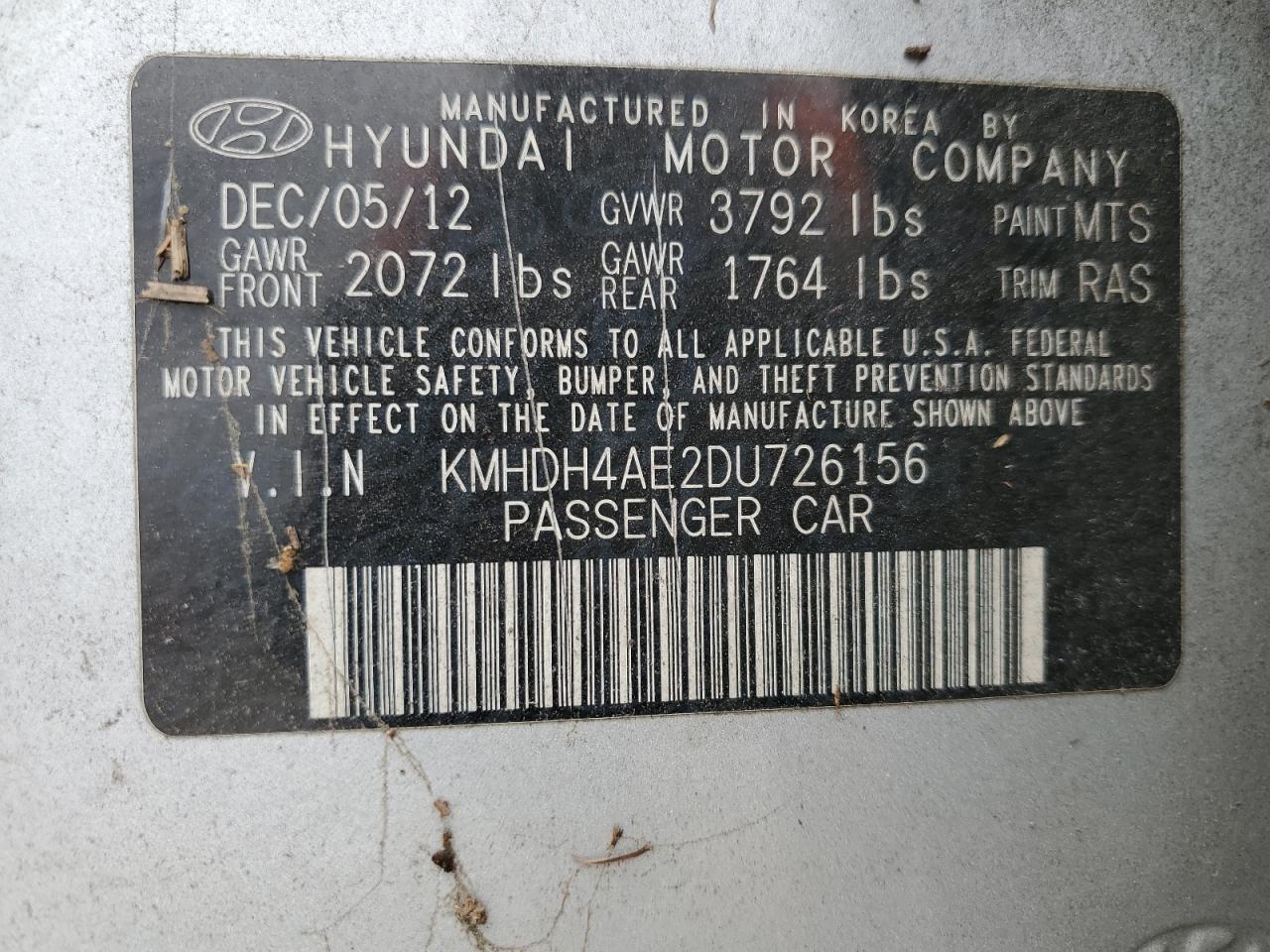 KMHDH4AE2DU726156 2013 Hyundai Elantra Gls