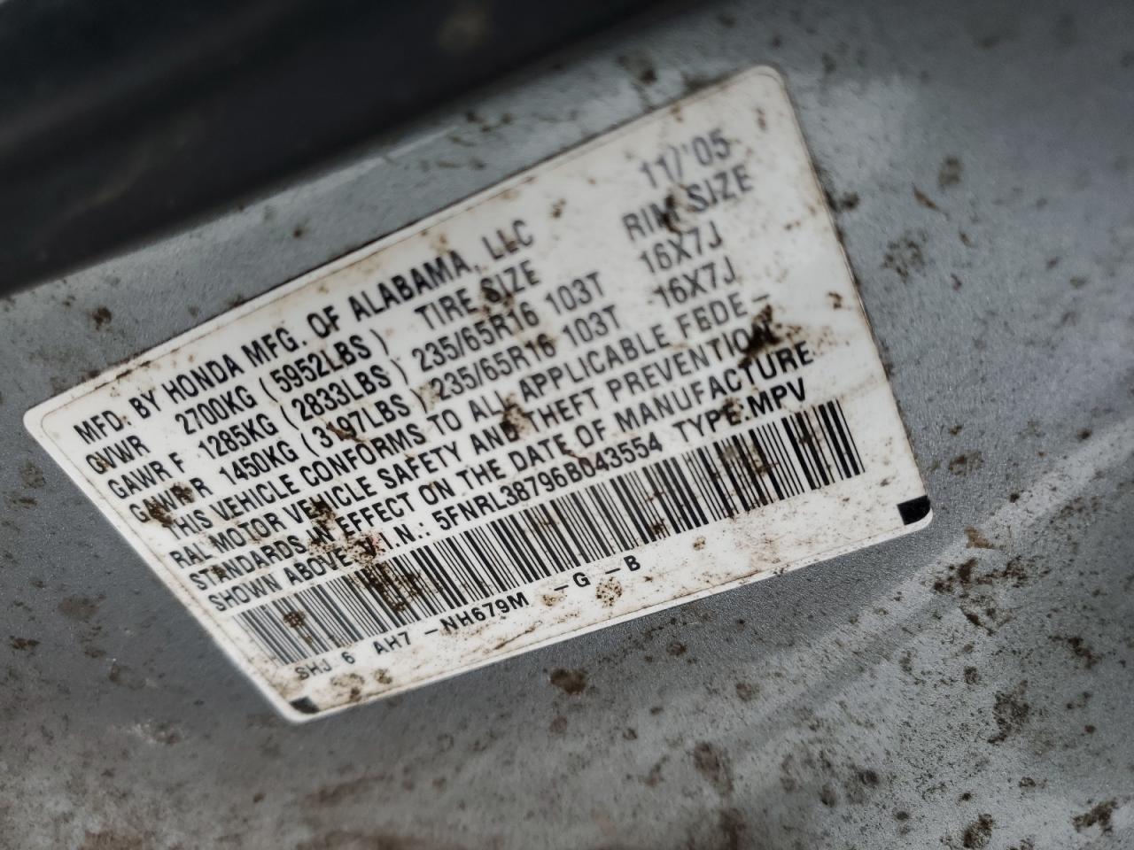 5FNRL38796B043554 2006 Honda Odyssey Exl