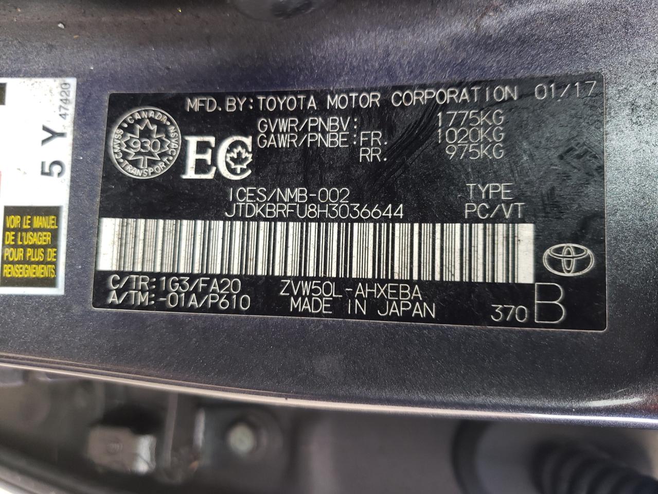 JTDKBRFU8H3036644 2017 Toyota Prius