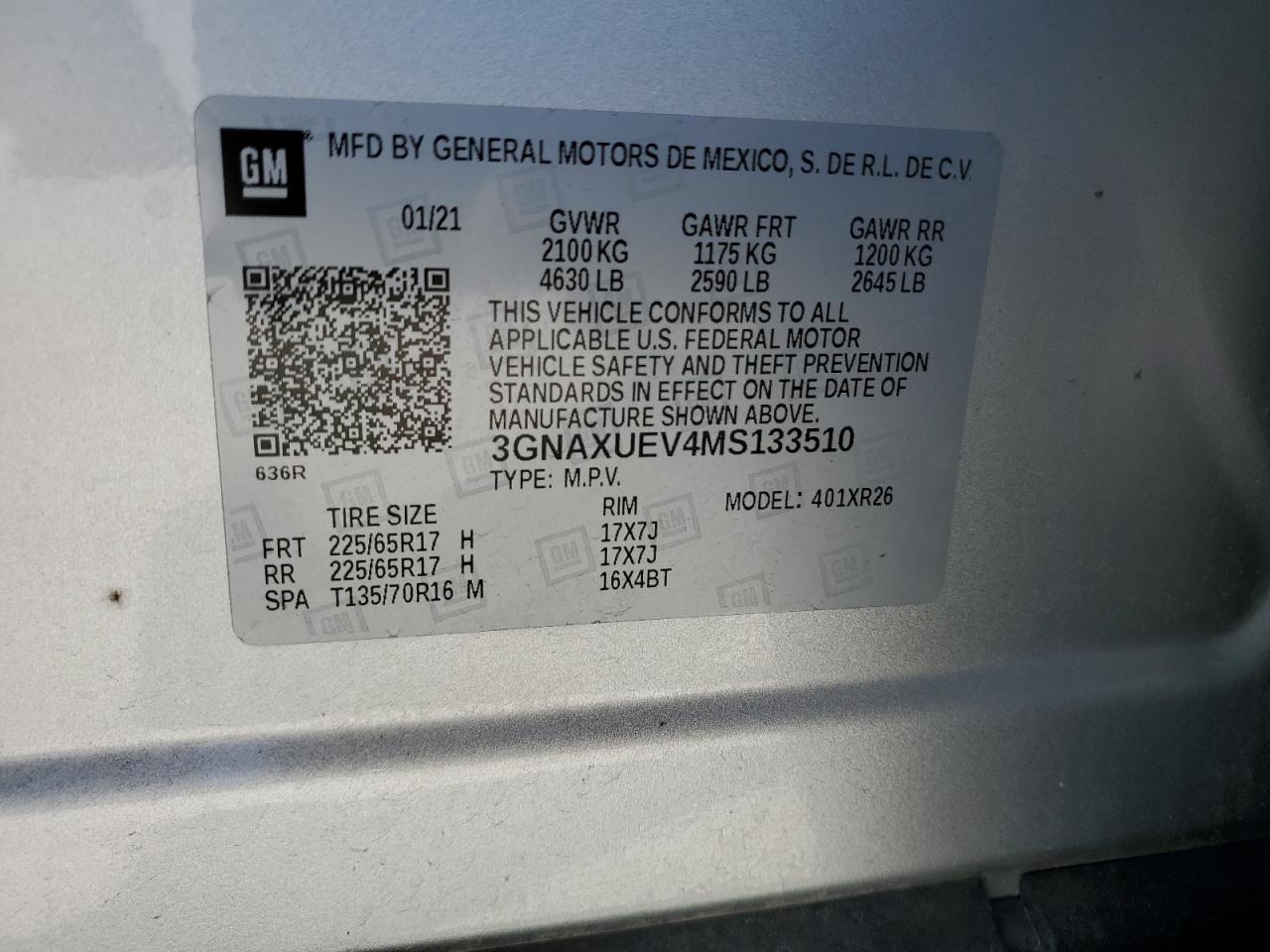 3GNAXUEV4MS133510 2021 Chevrolet Equinox Lt