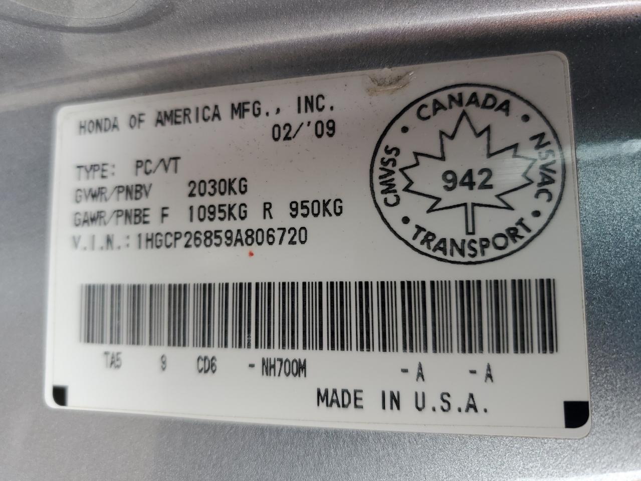 1HGCP26859A806720 2009 Honda Accord Exl