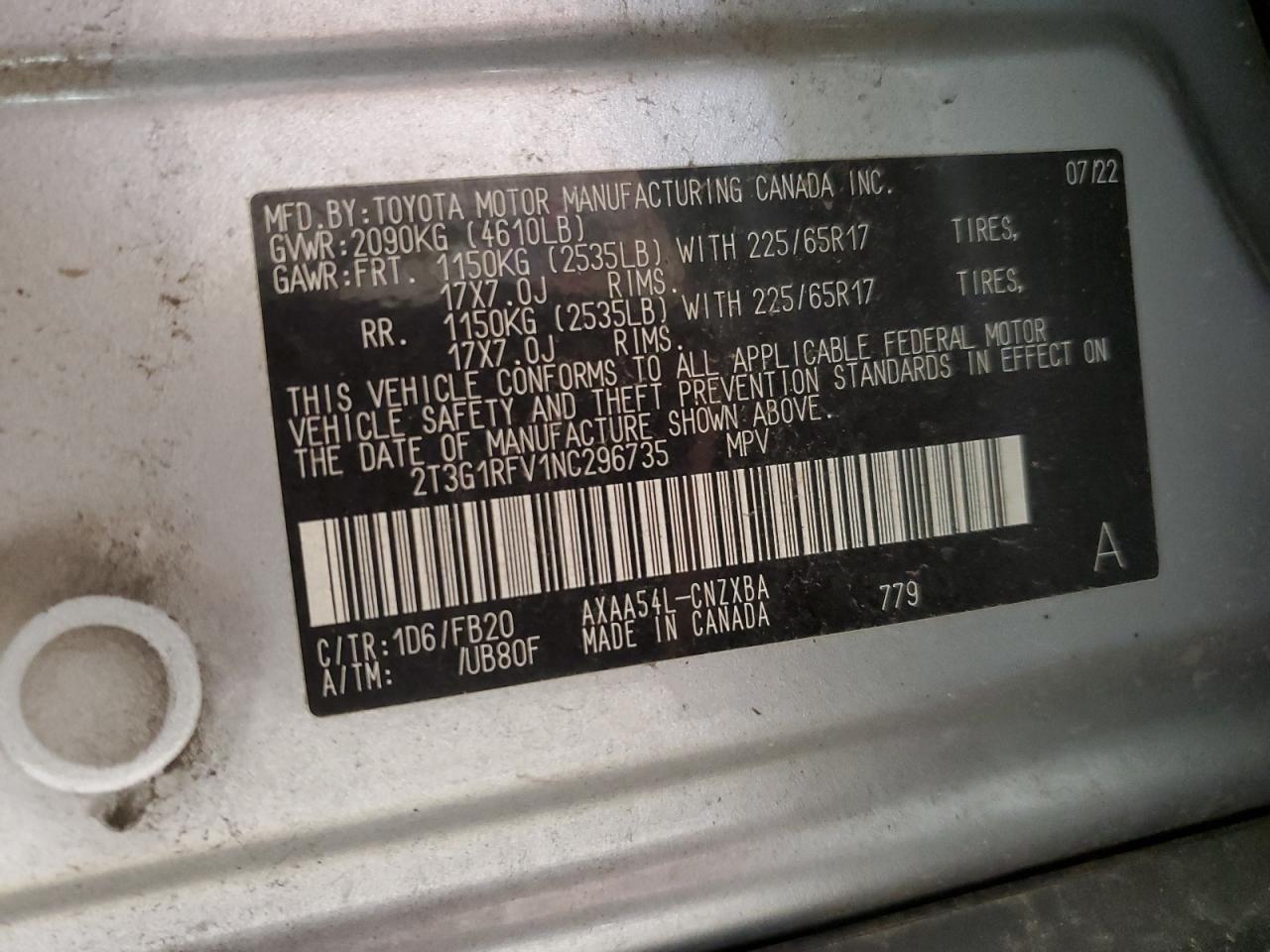 2T3G1RFV1NC296735 2022 Toyota Rav4 Le