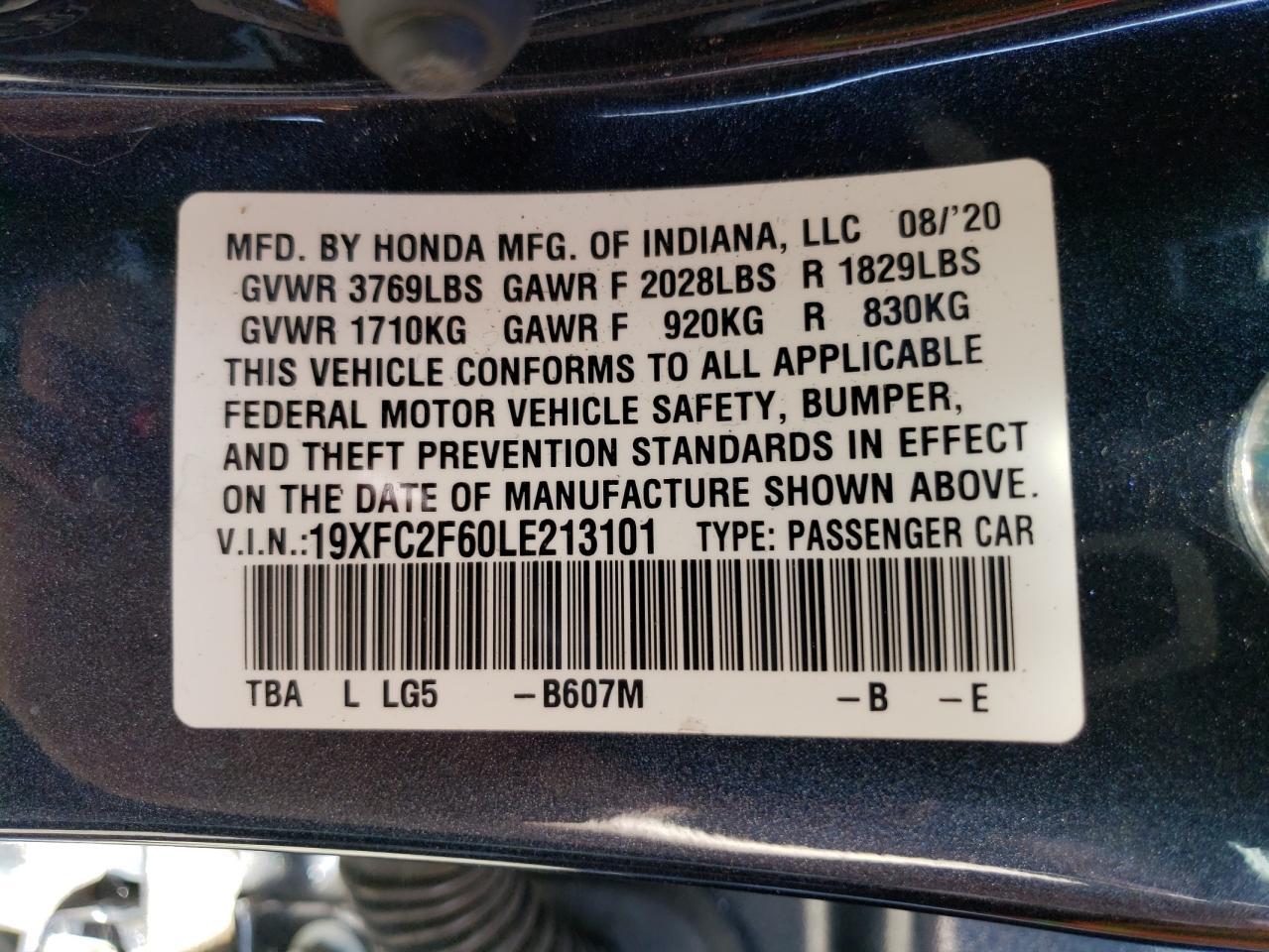 19XFC2F60LE213101 2020 Honda Civic Lx