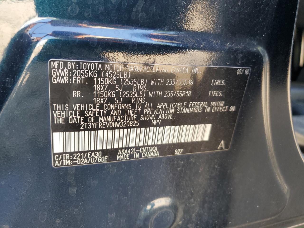 2T3YFREV0HW320825 2017 Toyota Rav4 Limited