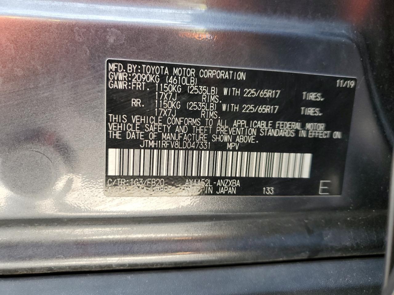 JTMH1RFV8LD047331 2020 Toyota Rav4 Le